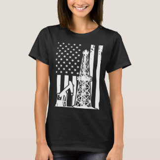 愛国的油野手油掘削アメリカ国旗の油 Tシャツ