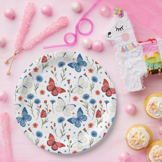 愛国的蝶と花の模様 ペーパープレート (パーティー)