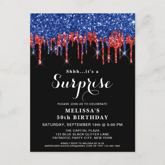 愛国的誕生日レッドブルーグリッターサプライズパーティー インビテーションポストカード (正面)