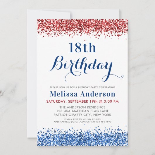 愛国的赤白青グリッター誕生会 招待状 (正面)