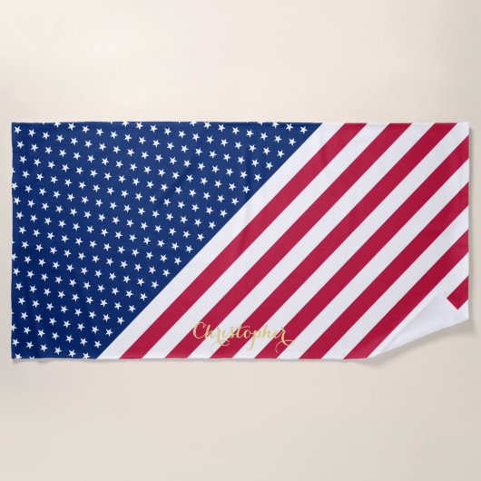 愛国的赤白青スターストライプズモノグラムの ビーチタオル (正面)