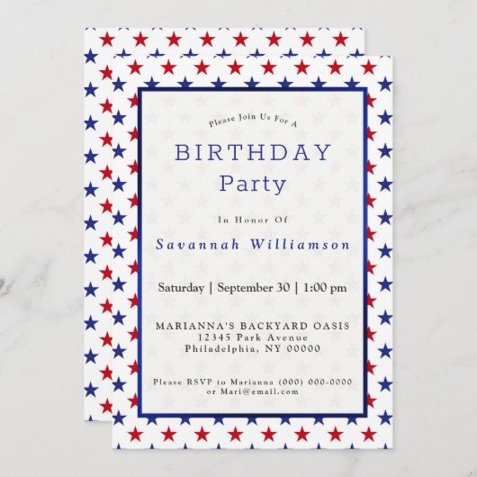 愛国的赤白青スター誕生日 招待状 (正面/裏面)