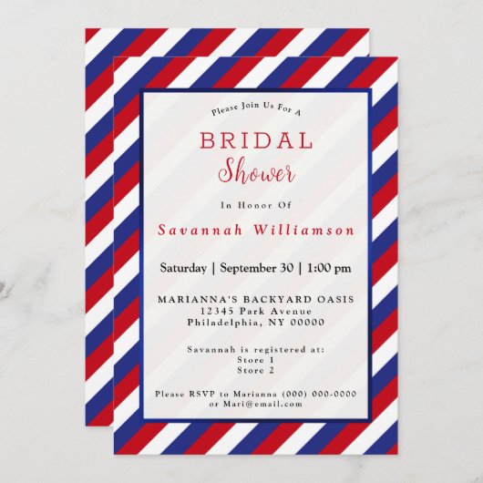 愛国的赤白青ストライプブライダルシャワー 招待状 (正面/裏面)