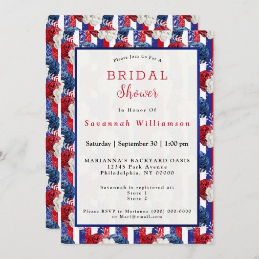 愛国的赤白青バラストライプブライダルシャワー 招待状 (正面/裏面)