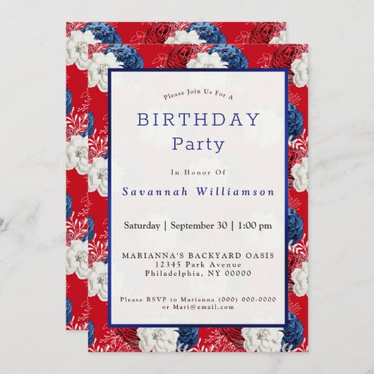 愛国的赤白青バラ誕生日 招待状 (正面/裏面)