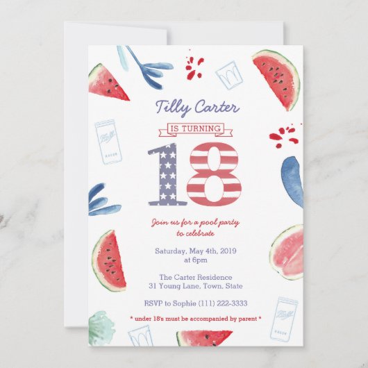 愛国的赤白青プールパーティー18誕生日 招待状 (正面)