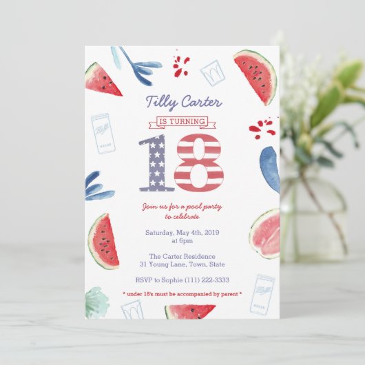 愛国的赤白青プールパーティー18誕生日 招待状 (スタンド正面)