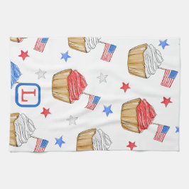 愛国的赤白青国旗のカップケーキモノグラム キッチンタオル