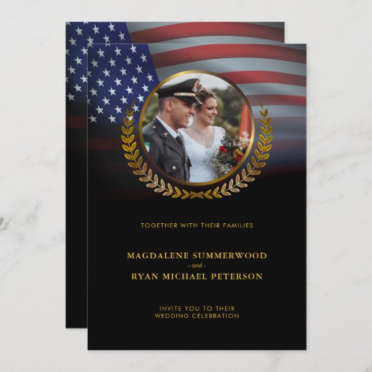 愛国的軍隊アメリカ国旗と写真結婚の 招待状 (正面/裏面)