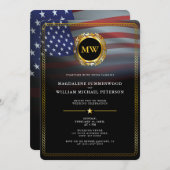 愛国的軍隊アメリカ国旗と金ゴールド枠 招待状 (正面/裏面)