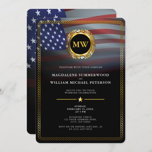 愛国的軍隊アメリカ国旗と金ゴールド枠 招待状 (正面/裏面)