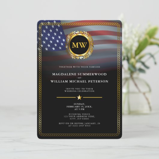 愛国的軍隊アメリカ国旗と金ゴールド枠 招待状 (スタンド正面)