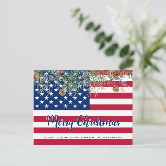 愛国的軍隊アメリカ国旗のクリスマスカード シーズンポストカード (スタンド正面)