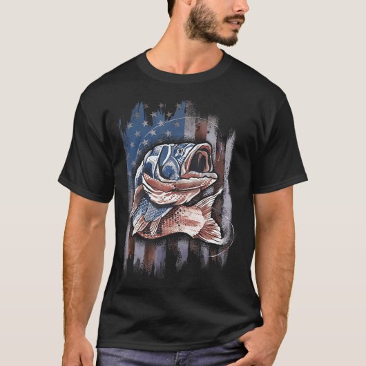 愛国的魚釣り7月4日男性アメリカ国旗Ba Tシャツ (正面)