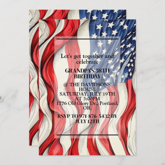 愛国的鮮やかなアメリカ国旗の誕生日パーティー 招待状 (正面/裏面)