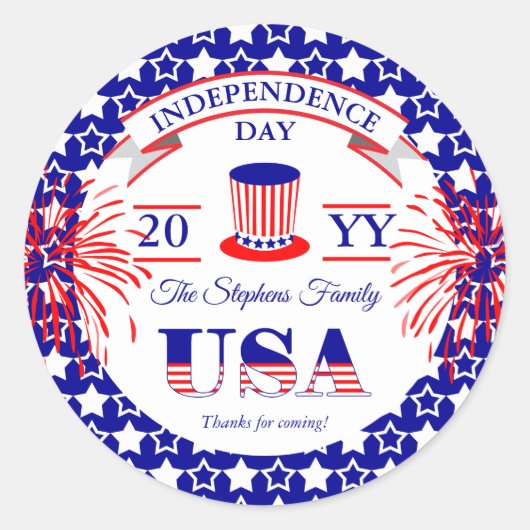 愛国的7月4日独立記念日お祝い ラウンドシール (正面)