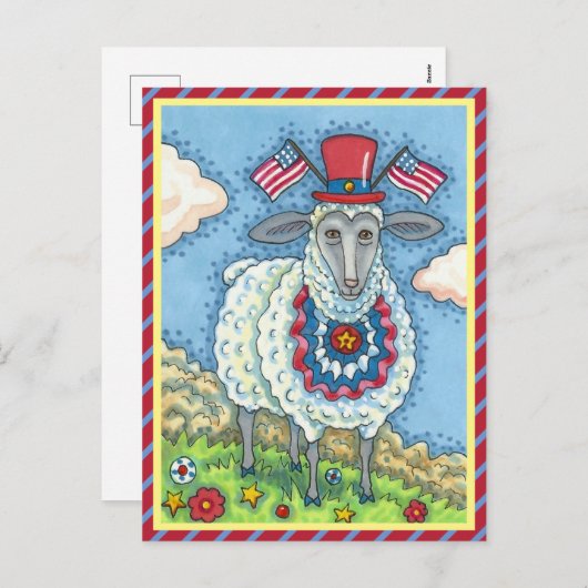 愛国的7月4日羊おもしろいフォーク芸術 シーズンポストカード (正面/裏面)