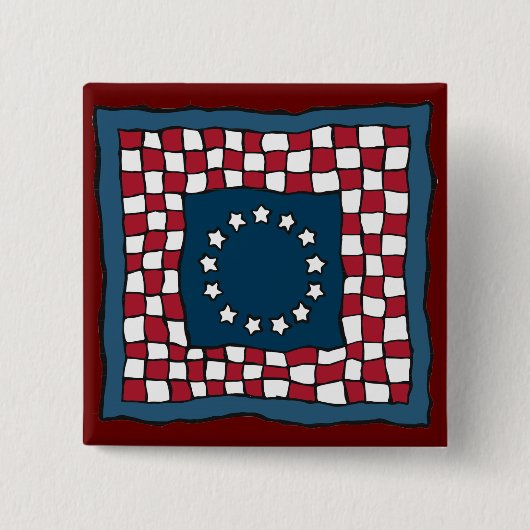 愛国素朴的アメリカーナキルトパターンUSAアート 缶バッジ (正面)