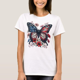 愛国蝶7月4日フローラ米国国旗 Tシャツ