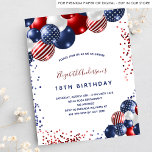 愛国誕生日党予算の招待状 チラシ<br><div class="desc">この招待はチラシ紙で非常に薄い。封筒は含まれない。厚い招待状(同じデザイン)は当店を訪ねてほしい。シックな白い背景。赤飾青と白の愛国色の風船で名前とパーティー・詳細のパーソナライズおよび追加名前は手書入力のスタイルスクリプトで指定する。</div>