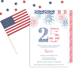 愛国赤白と青のおもしろい25th誕生日パーティー 招待状