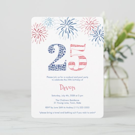 愛国赤白と青のおもしろい25th誕生日パーティー 招待状 (スタンド正面)