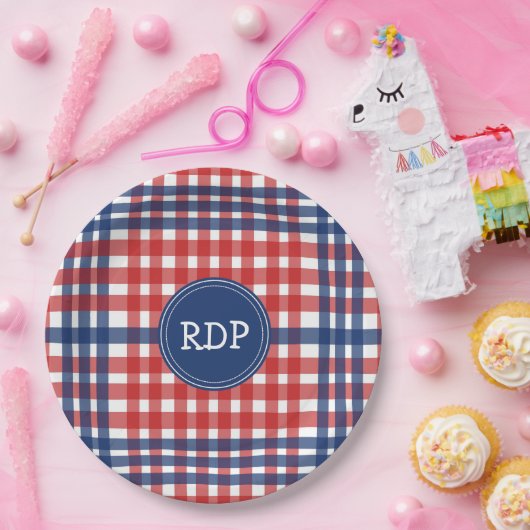 愛国赤白と青の格子模様カスタム ペーパープレート (パーティー)