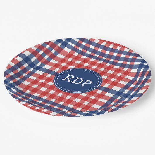 愛国赤白と青の格子模様カスタム ペーパープレート (アングル)
