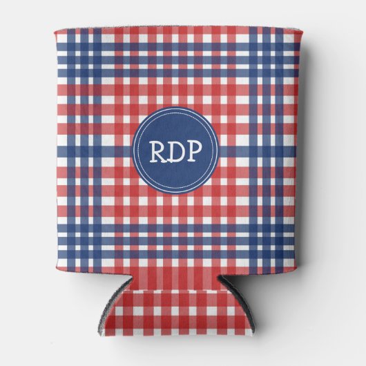 愛国赤白と青の格子模様カスタム 缶クーラー (正面)