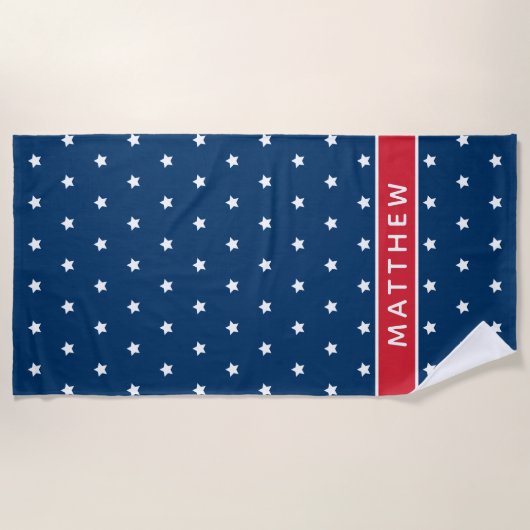 愛国赤白青スターズ名前をカスタムする ビーチタオル (正面)