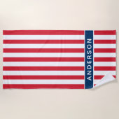 愛国赤白青ストライプ名前をカスタムする ビーチタオル (正面)