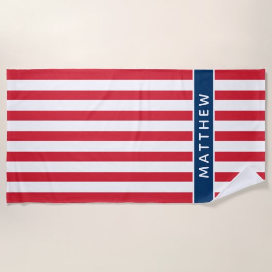 愛国赤白青ストライプ名前をカスタムする ビーチタオル (正面)