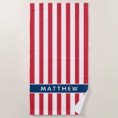 愛国赤白青ストライプ名前をカスタムする ビーチタオル (正面)