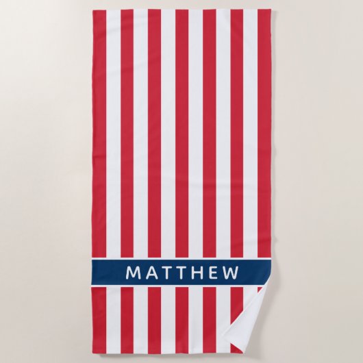 愛国赤白青ストライプ名前をカスタムする ビーチタオル (正面)