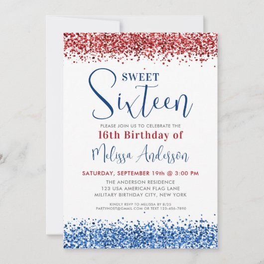 愛国赤青グリッタースウィート16誕生日パーティー 招待状 (正面)