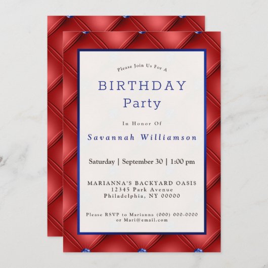 愛国赤青タフテフェイクッド誕生日 招待状 (正面/裏面)