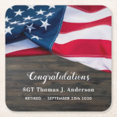 愛国退職米国国旗の軍隊 スクエアペーパーコースター (正面)