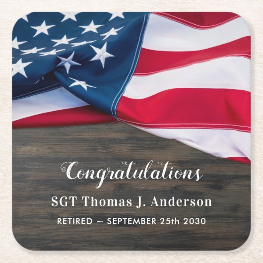 愛国退職米国国旗の軍隊 スクエアペーパーコースター (正面)