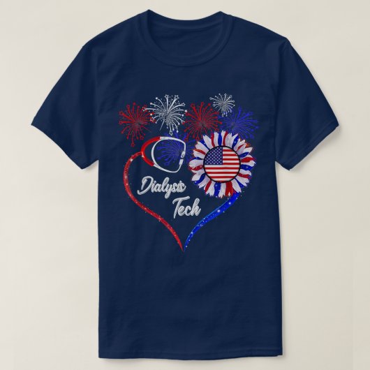 愛国透析技術アメリカ国旗ひまわりL Tシャツ (デザイン正面)