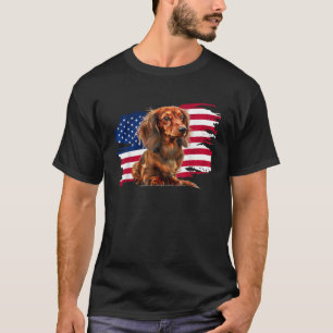 愛国 アメリカ国旗 7月4日 ロングヘアードダックスフンド Tシャツ