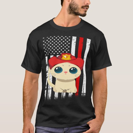 愛国 猫 消防士 アメリカ国旗 薄赤ライン 愛国的 Tシャツ (正面)