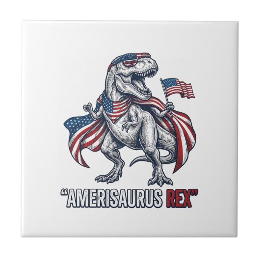 愛国T-Rex Amerisaurus Rex 白シャツデザイン タイル (正面)