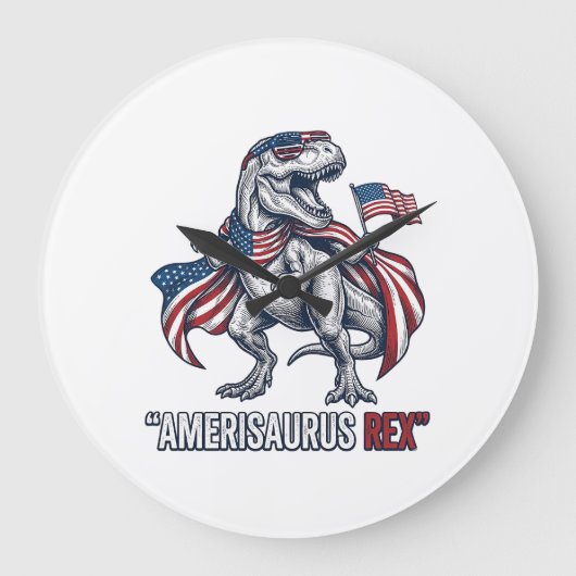 愛国T-Rex Amerisaurus Rex 白シャツデザイン ラージ壁時計 (正面)