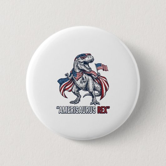 愛国T-Rex Amerisaurus Rex 白シャツデザイン 缶バッジ (正面)