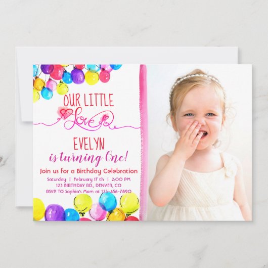 愛女の子の第1誕生日の招待状のピンクの赤を風船のようにふくらませて下さい 招待状 (正面)