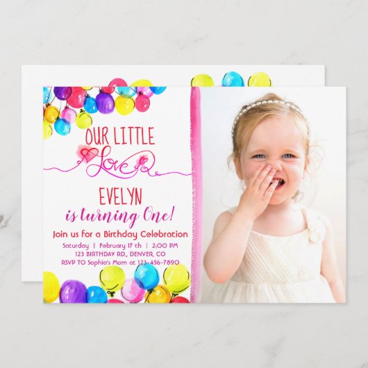 愛女の子の第1誕生日の招待状のピンクの赤を風船のようにふくらませて下さい 招待状 (正面/裏面)