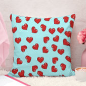 愛好家赤いハートパターンonティール（緑がかった色）ブルー クッション