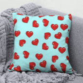 愛好家赤いハートパターンonティール（緑がかった色）ブルー クッション