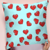 愛好家赤いハートパターンonティール（緑がかった色）ブルー クッション