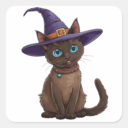 愛嬌のあるシャム猫を魔女帽子で飾る スクエアシール (正面)